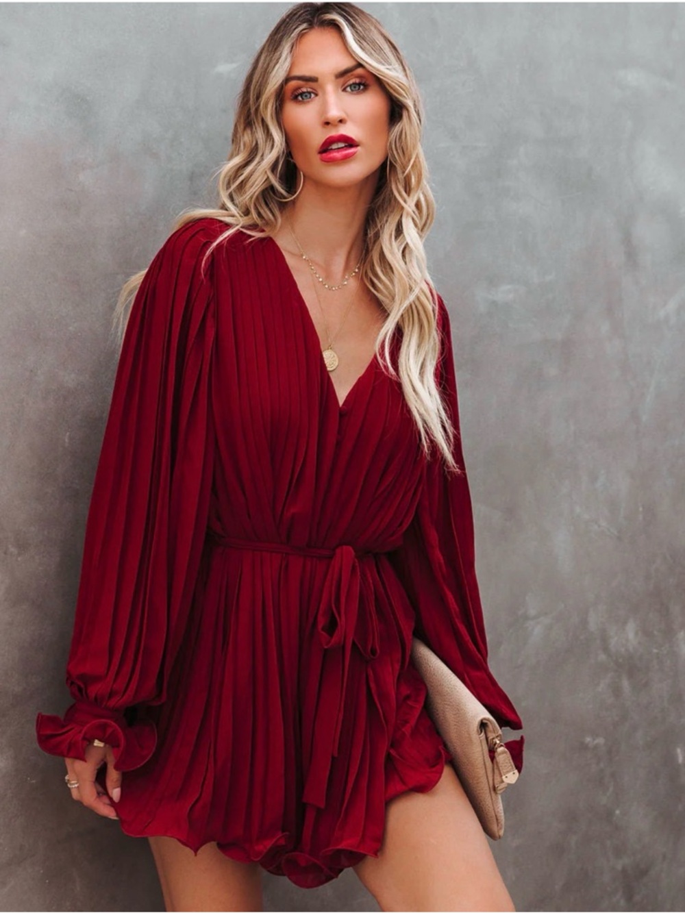 Vici Burgundy Pleated V-Neck Tie-Waist Romper